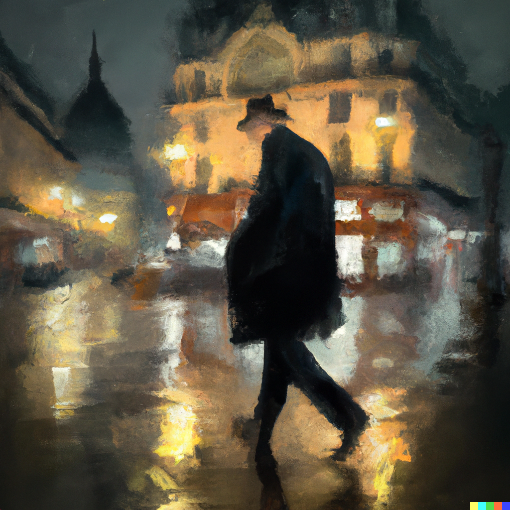 Une peinture d'un homme en imperméable se promenant de nuit sous la pluie dans Paris